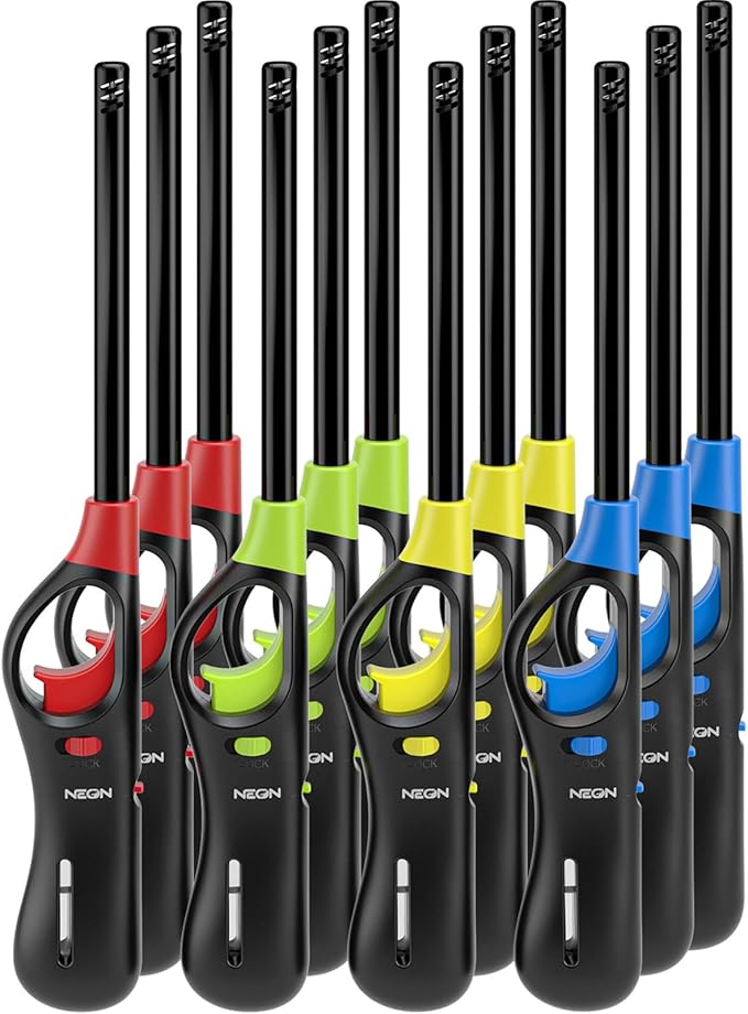NEON Lighter, Refillable Butane Candle Lighter, 12 Pack Multi-Purpose Reusable Lighters with Long Metal Wand and Adjustable Soft Flame for BBQ, Grill, Stove, Camping, Hiking, Fireplaces, Kitchen