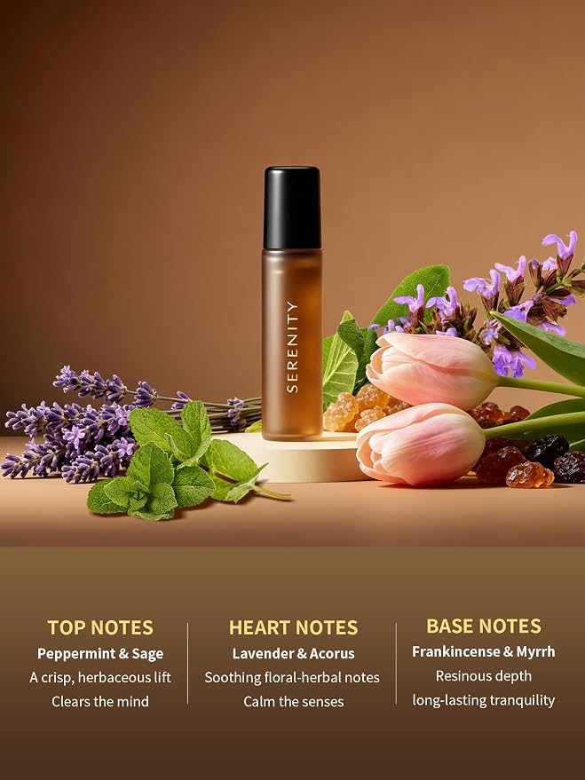 Serenity Calming Roll-On Essential Oil Blend for Stress Relief - with Lavender, Frankincense & Myrrh - 10ml Travel Size, Prediluted & Skin-Safe for Relaxation & Aromatherapy