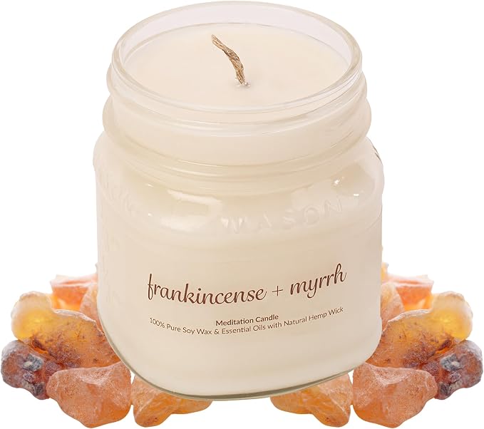 Meditation Soy Wax Candle, Relaxing and Banishing Negative Energy, Non-Toxic Handpoured Glass Jar Candle - Clean Burning, Long Lasting, Candles for Home, Fragrance (Frankincense + Myrrh)