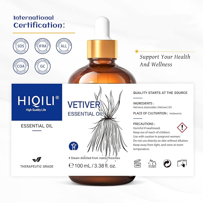 HIQILI 100ML Vetiver Essential Oil, for Diffuser Calm and Relation- 3.38 Fl Oz