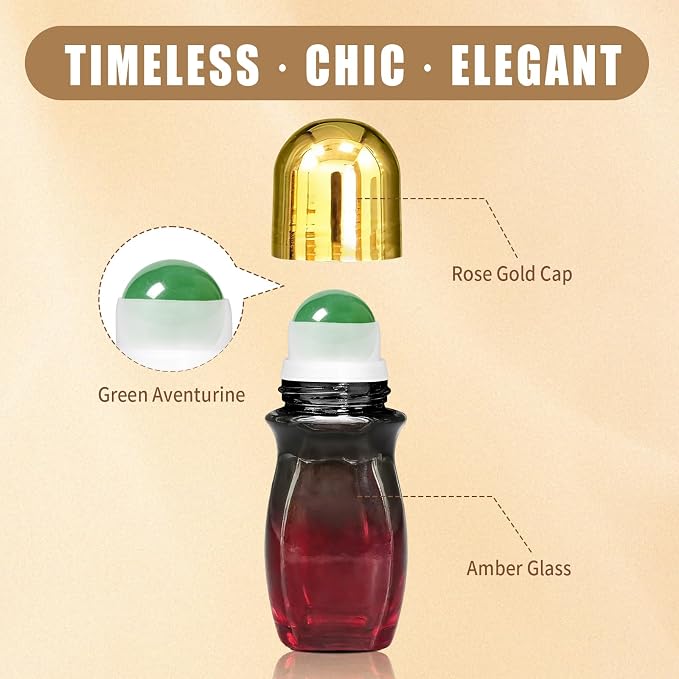 Green Aventurine Amber Roller Waisted Bottles for Essential Oils,50ml Refillable Amber Glass Roll On Bottles with Natural Crystal Roller Balls, Leak-Proof Travel Perfume Bottle with Gold Caps