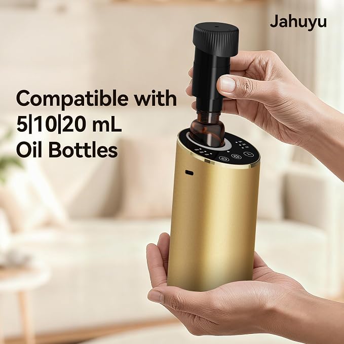 Waterless Essential Oil Diffuser Scent Aromatherapy Diffusers for Home, Car, Aluminum Alloy Battery Operated Cordless Air Freshener, 4 Timers & 3 Mist Levels, 5/10/20ml Capacity (Gold)