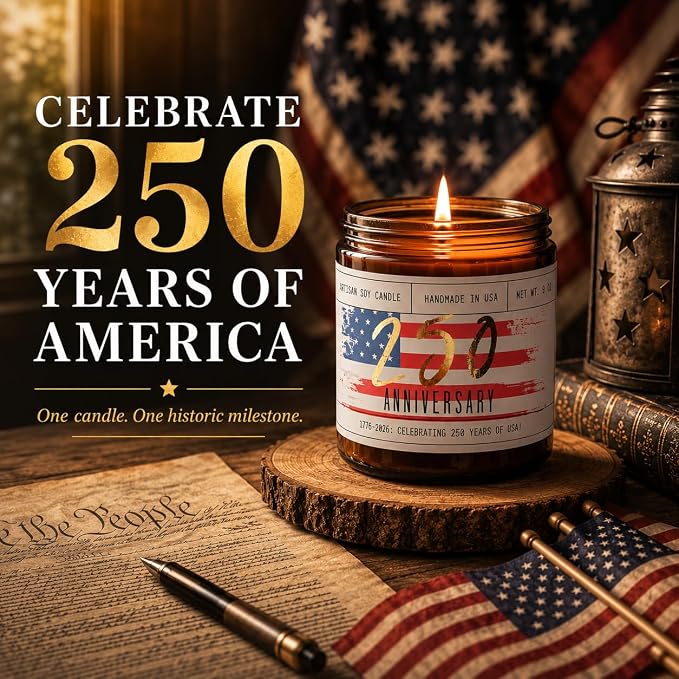 250 Anniversary USA Merchandise Women Patriotic Candles -w/Teakwood, Tobacco, Orange - 4th of July Candles Gifts for Women I Red White and Blue Candle I America 250 Merchandise I50Hr Burn Made in USA