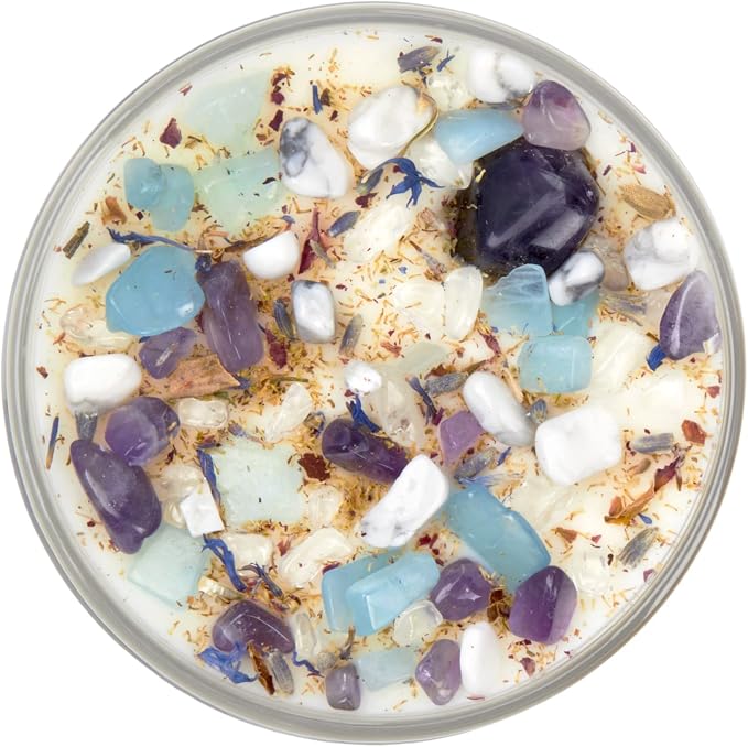 Lavender Chamomile Candle by New Moon Beginnings - Calming Energy Candle - Crystal Candle & Herb Candle - Aromatherapy Candle - Essential Oil Candle (12 Ounce Round Glass)