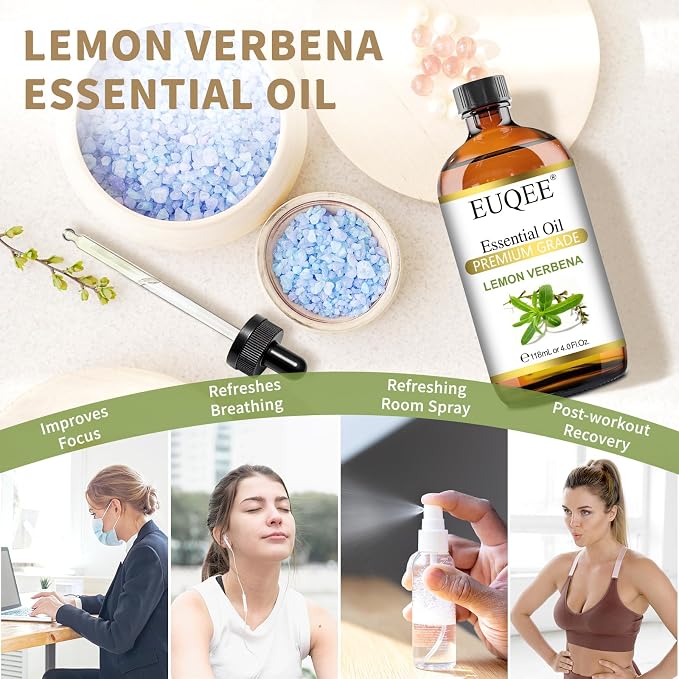 EUQEE Lemon Verbena Essential Oil 118ml - Natural Citrus Scent Oil for Diffuser, Skincare, Morning Rituals & Aromatherapy, Large Bottle with Dropper