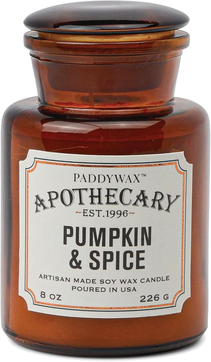 Paddywax Artisan Apothecary Scented Candle with Lid in Reusable Glass Jar, Clean-Burn Soy Candle with Approx. 54 Hour Burn Time, Pumpkin & Spice, 8 oz.