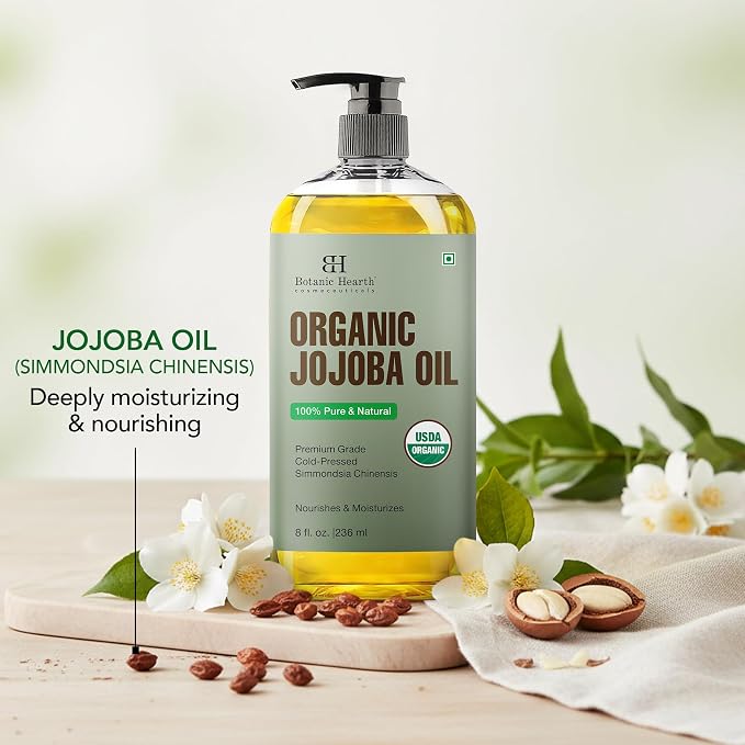 Botanic Hearth USDA Organic Jojoba Oil 8 Fl Oz |100% Pure and Natural- Cold Pressed & Hexane Free Natural Hair Growth Oil for Eyelashes, Eyebrows, Skin, Body, Face, Nails & Scalp
