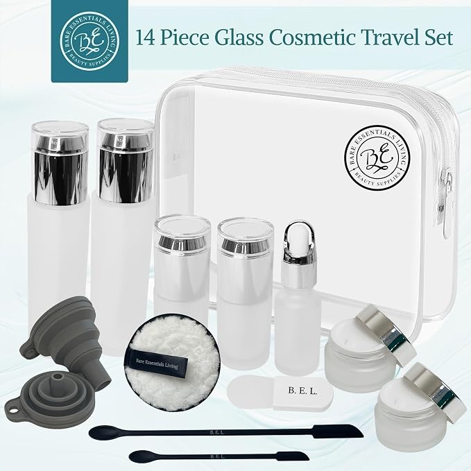 14 Pcs Glass Travel Skincare Containers Set-TSA Approved Toiletry Bag & Glass Travel Bottles for Toiletries Pump, Spray & Dropper Bottles Travel Size for Foundation, Serum Moisturizer Oil & Cream