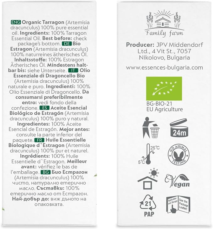 Essences Bulgaria Organic Tarragon Essential Oil 1/6 Fl Oz | 5ml | Artemisia dracunculus | 100% Pure and Natural | Undiluted | Therapeutic Grade | Family Owned Farm | Steam-Distilled | Non-GMO | Vegan