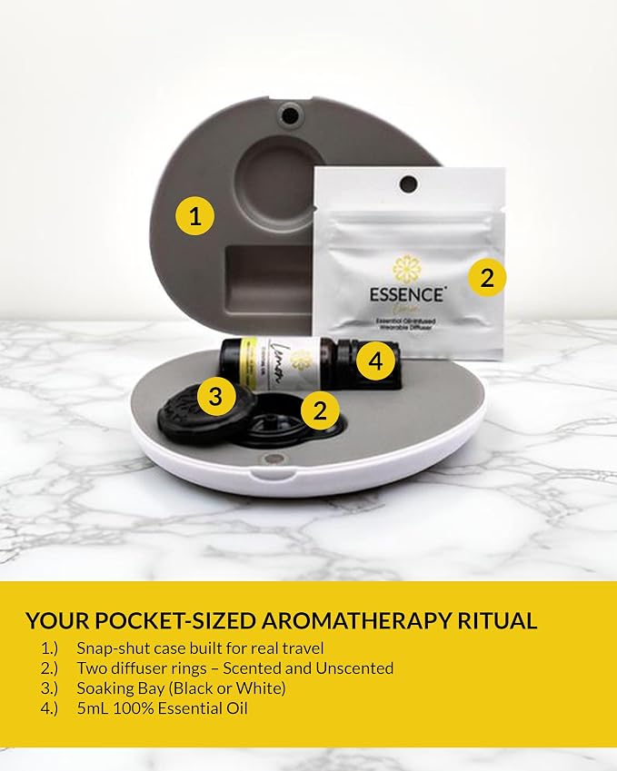 Essence Pearl Travel Case | Lemon Essential Oil | Aromatherapy Nasal Diffuser & Essential Oil Carrying Case | Uplifting Lemon Oil Scent | Travel-Friendly Kit | Black Pod