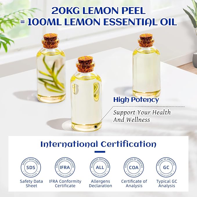 HIQILI Lemon Essential Oil, Household Cleaning, Air Purification, Skin Care, Can be Added to Cleansers, Sprays, Body Lotions Use - 3.38 Fl Oz/100ML