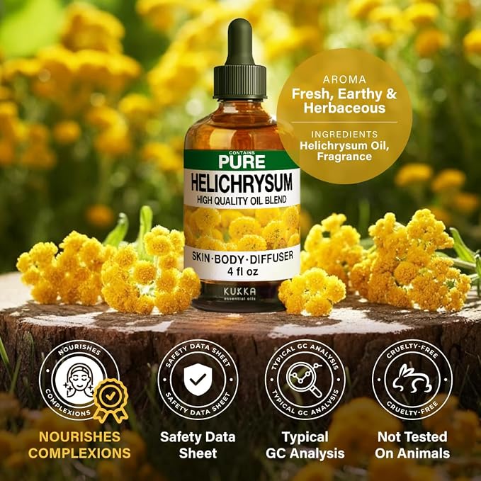 100% Pure Helichrysum Oil - 4 Fl Oz Helichrysum Essential Oil for Hair, Skin, Diffuser, Aromatherapy & DIY Soap Making Scent