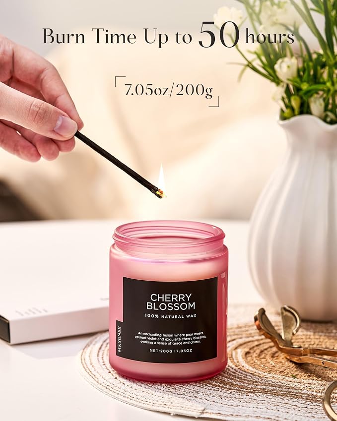 M&SENSE Cherry Blossom Scented Candle, 7.05oz Natural Organic Soy Wax, 50 Hours Non Toxic, Spring Smelling Home Scented Candle for Bath Relaxation, Stress Relief Housewarming Gift for Her