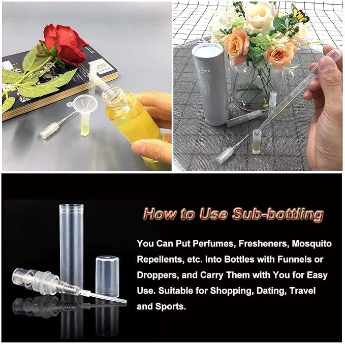 20 Pcs Mini Clear Plastic Spray Bottle Set (2ml, 3ml), With 20 Plastic Transfer Pipettes and 10 Funnels, Refillable Empty Travel Bottle Kit for Perfume, Essential Oils, Travel (50PCS)