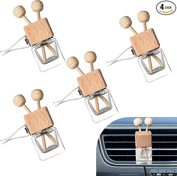 4PCS Empty Car Diffuser Bottle, Refillable Car Air Freshener Vent Clip, Car Air Freshener Diffuser Empty Glass Bottles, Car Scent Diffuser Bottle for Most Vehicles Interior Accessories