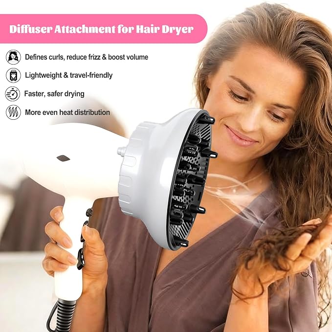 Universal Hair Diffuser for 1.4"-3.1" Blow Dryers, Diffuser Hair Dryer Attachment, Professional Hair Diffuser for Curly Wavy Long Thick Hair, Reduces Frizz & Defines Curls, Home/Travel Use, White