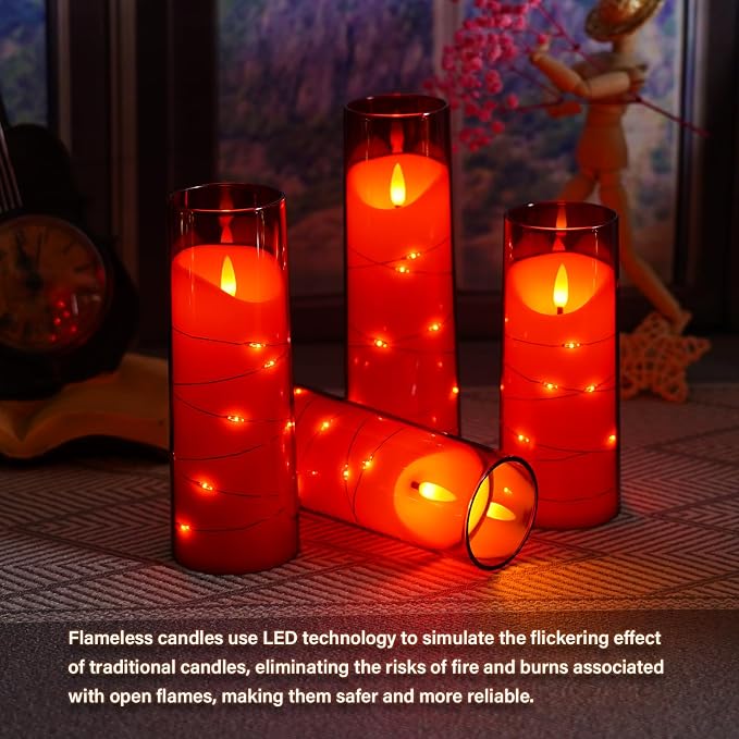 Eebuss Flameless Candles with Embedded Star String, Battery Operated LED Pillar Candles with Timer and Remote Control,Home Decorating for Ambiance， Set of 9 (Red)