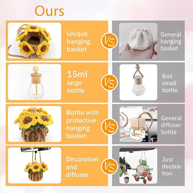 Crochet Car Air Freshener, 15ml Empty Refillable Oil Diffuser Bottle with Hanging Crochet Sunflower for Car Rearview Mirror Decor Air Freshener Diffuser for Home, and Office Decor(Sunflower)