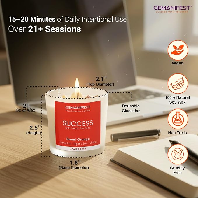 Success Manifestation Crystal Candle with Tigers Eye Bracelet for Career Business Exams Interviews Orange Scented Soy Wax for Motivation Gifts for Students Entrepreneurs and Goal Setters