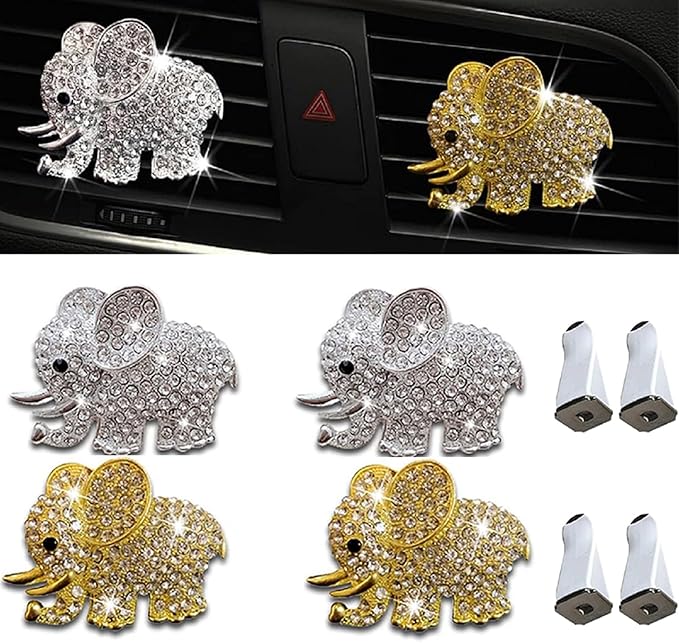 Car Decor Fresheners for Women - Bling Accessory, Air Outlet Decor, Aromatherapy Vent Clip Charm, Air Freshener Set of 4 Elephants