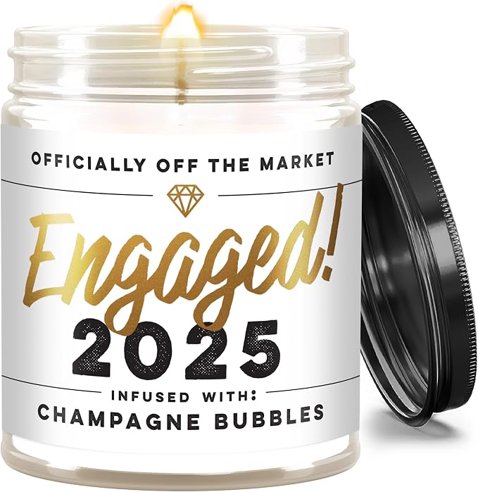 WAX & WIT 2025 Engagement Candles Gifts for Couples - Scented with Champagne Bubbles - Newly Engaged Couples, Bridal Shower, Bride to Be - 9oz, Soy Wax, 50 Hour Burn, Premium Candle