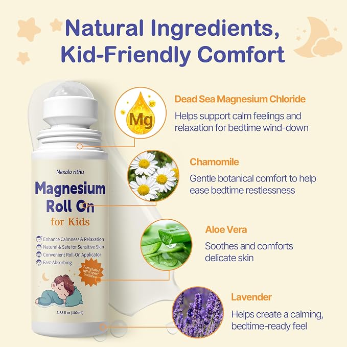 Magnesium Roll-On for Kids with Dead Sea Magnesium Chloride, Calming Routine & Muscle Comfort Support, Fast-Absorbing Non-Greasy, with Chamomile & Aloe, 3.38 fl oz