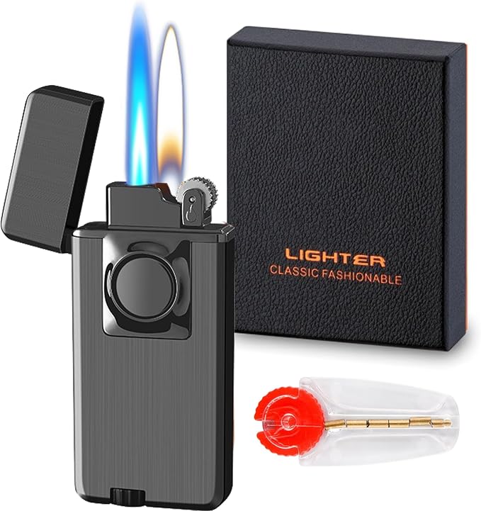 Jet Torch Dual Flame Lighter with Windproof Butane Gas, Adjustable Soft & Jet Flame, Refillable for Indoor/Outdoor - Black