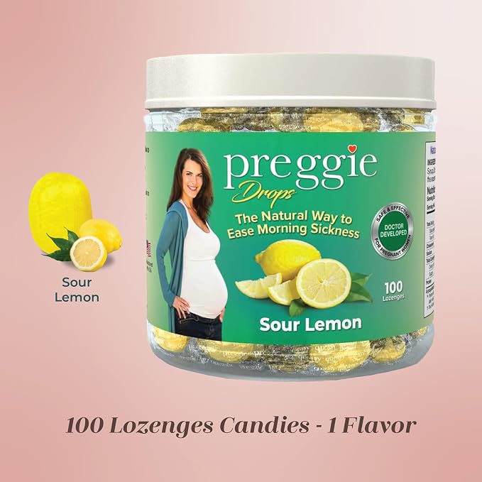 Three Lollies Preggie Drops Pregnancy Nausea Relief Drops with Vitamin B6 and Essential Oils, Morning Sickness and Queasy Stomach Support for Pregnant Women, Sour Lemon, 100 Count