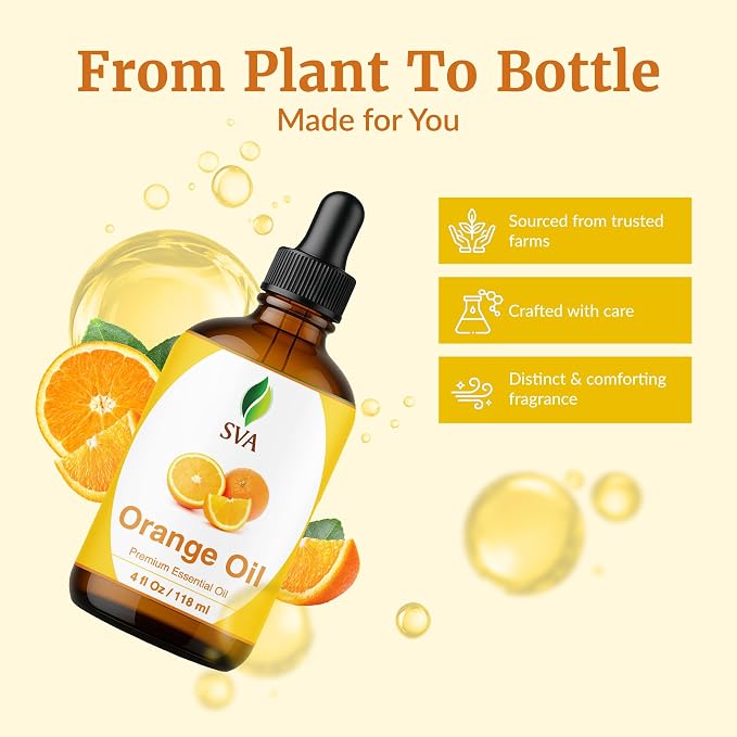 SVA Orange Essential Oil 4 Fl Oz – for Aromatherapy, Diffuser, Skin & Hair Care – Ideal for Massage & DIY Blends - with Dropper