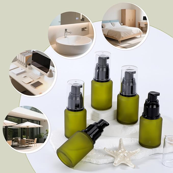 Segbeauty 1oz Frosted Glass Empty Travel Size Containers for Creams, 5pcs Refillable Lotion Pump Bottle Dispenser, 30ml Small Liquid Travel Containers, Green Mini Lotion Container Pump Dispensers
