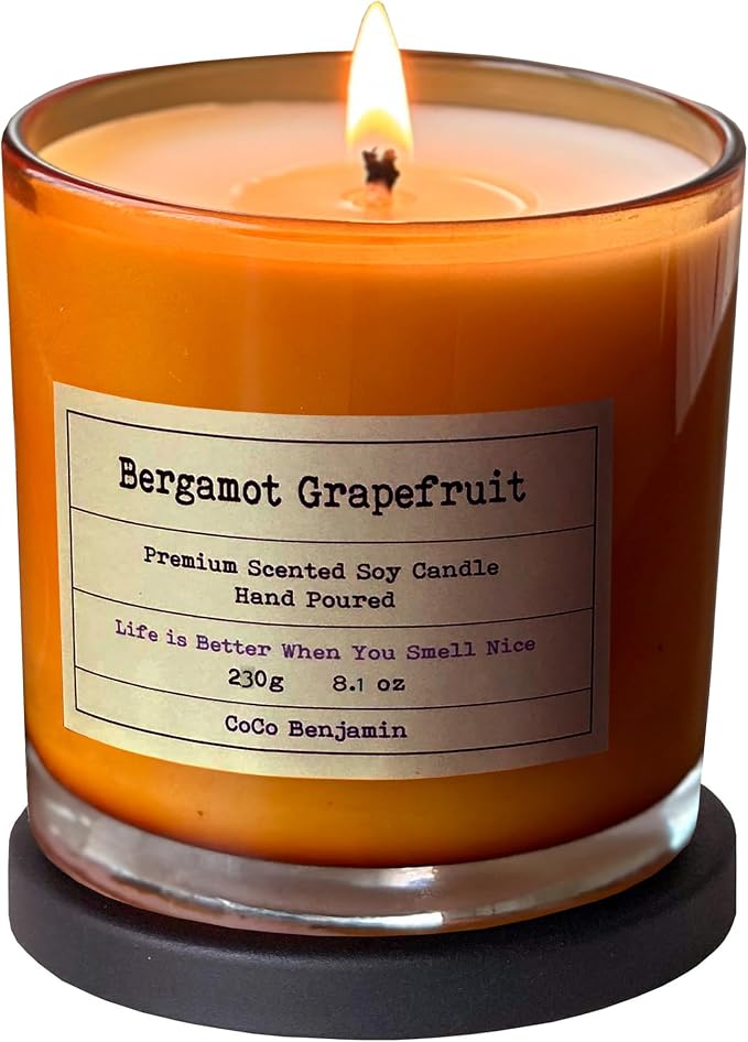 100% Natural Soy Wax Candle by CoCo Benjamin - Highly Scented & Hand-Poured Luxury Candle (Bergamot Grapefruit)- Clean Burning Cotton Wick