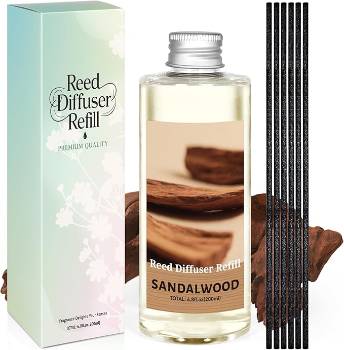 SCENTORINI Reed Diffuser Oil Refill, Sandalwood Diffuser Oil 6.76 Fl Oz, Natural Scented Essential Oil Refill Long Lasting Summer Home Fragrance for Bathroom Bedroom Spa Aromatherapy Home Decor