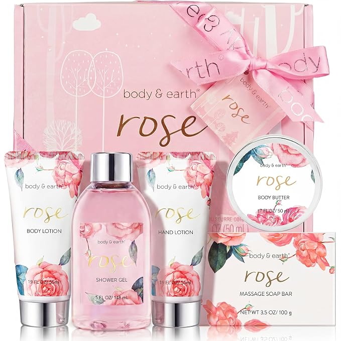 BODY & EARTH Spa Gift Set for Women - Luxurious 5 Pcs Bath and Body Box, Rose Scent, Includes Body Wash, Body Butter, Body Lotion and More, Birthday Mothers Day Gifts for Mom Self Care Kit for Her