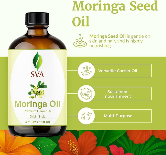 SVA Moringa Seed Oil 4 Fl Oz - for Face, Skin Care, Hair Care, Scalp Massage & Body Massage – Carrier Oil with Dropper