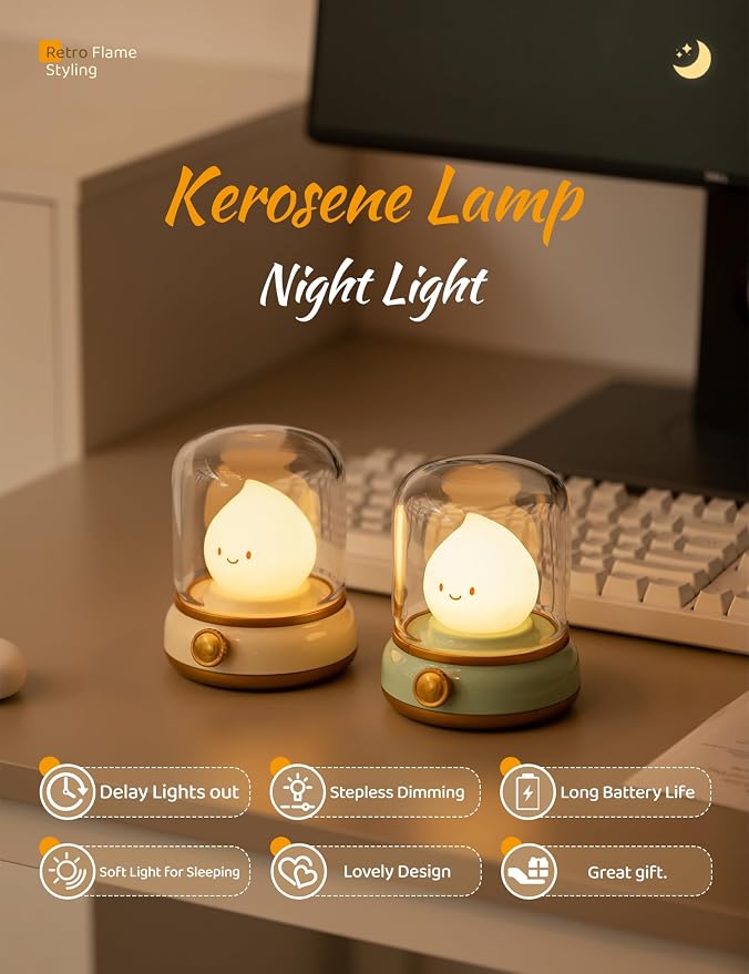 WANIDEA Cute Chibi Flame Lamp, Anime Cozy Lights, Retro Rechargeable Night Light, Decor, Cute Desk Accessories, Gifts 2 Pack (Yellow and Green)