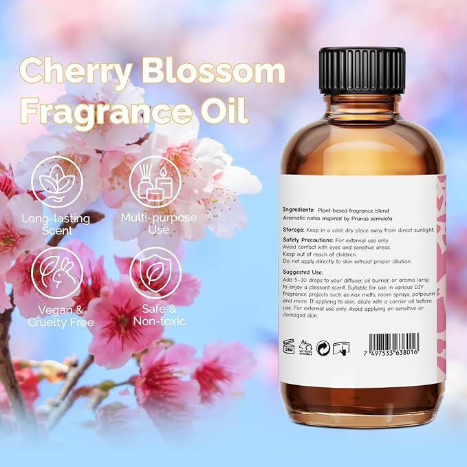 GM Gumili Cherry Blossom Fragrance Oil 2 Oz, Natural Scent Oil for Home Essential Oils Diffuser, Candle Making, Soap Making, DIY Body Oils, Perfume, Body Mist, Spray - Hotel Scent