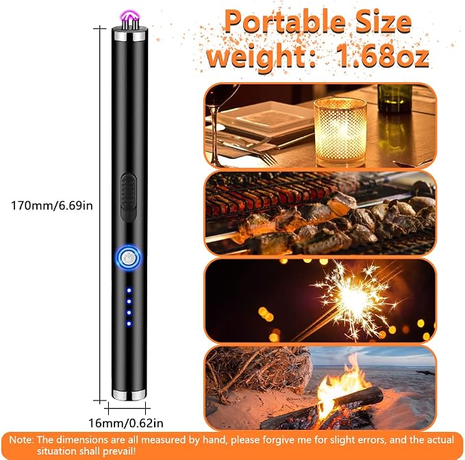 Candle Lighter Rechargeable Plasma Flameless USB Lighter with Safety Lock Dual Arc LED Display for BBQs Grill Kitchen Camping (Black)