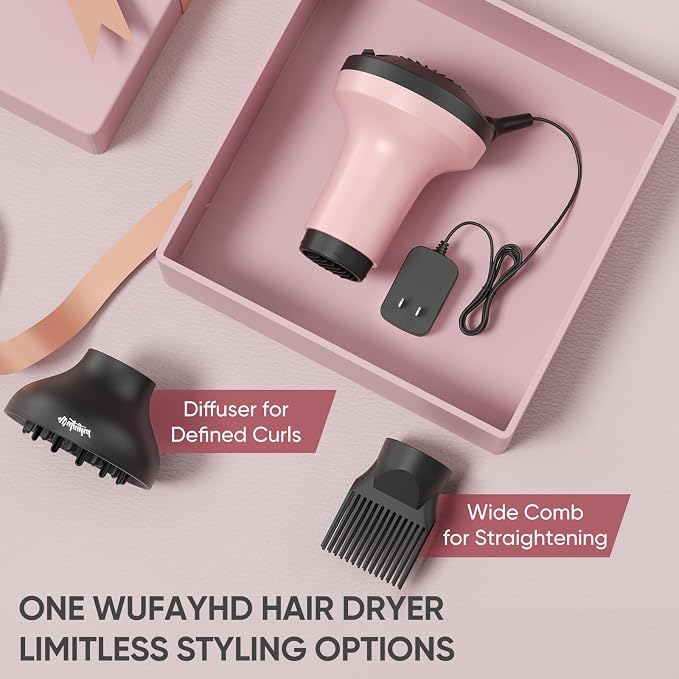 WUFAYHD 2-in-1 Diffuser Hair Dryer for Curly Hair: 1875W Ionic Hair Dryer w/Comb & Diffuser Attachment, Fast Drying, Reduces Frizz, Anti-Heat Handle Blow Dryer with ALCI Plug, Gift for Women Her