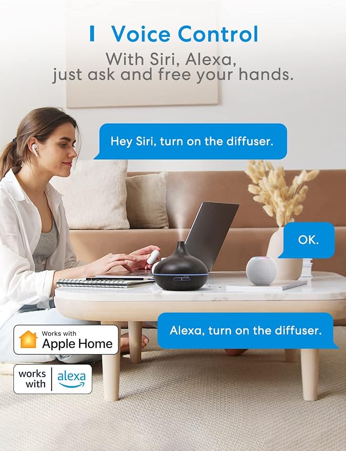 Meross Smart WiFi Essential Oil Diffuser Works with Apple HomeKit & Alexa, Ultrasonic Aromatherapy Diffuser & Mist Humidifier with Voice & APP Remote Control, Schedule & Timer, RGB Light