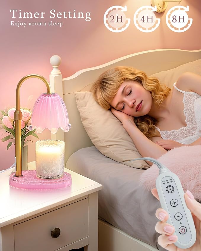 Flower Candle Warmer Lamp with Timer, Vintage Adjustable Glass Warmer Light for Jar Candles, Electric Wax Warming Melter, Gifts for Women Mom, Bedroom Decor (Pink-Flower)