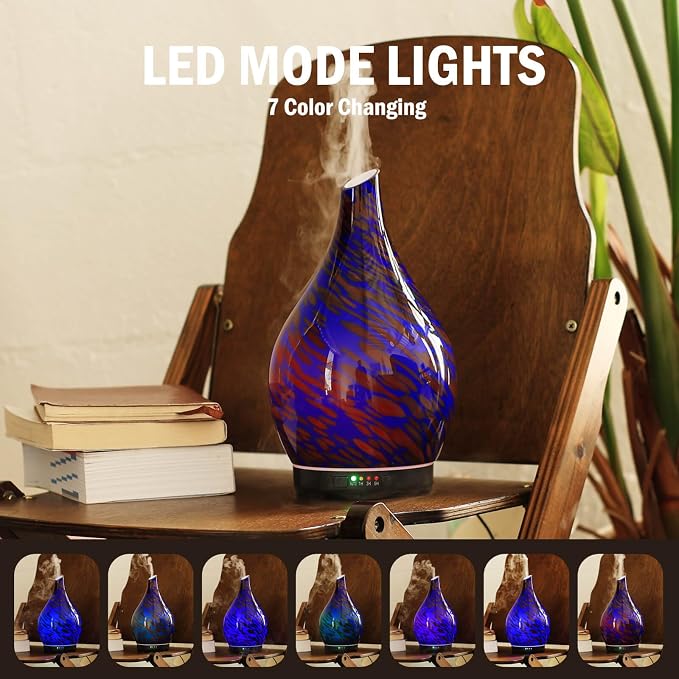 Porseme 280ml Essential Oil Diffuser Hand-Blown Glass Aroma Diffusor, Aromatherapy Unltrasonic Cool Mist deffuser, 7 Color Changing, Waterless Shut-Off, Timer Function for Home Office(Cobalt Blue)