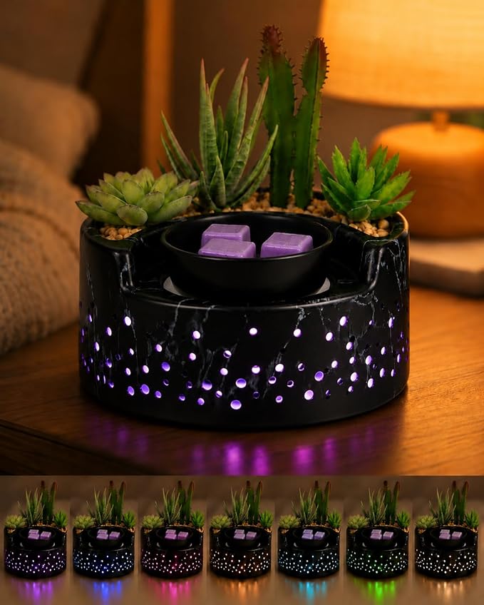 4-in-1 Ceramic Wax Warmer, Electric Scented Wax Melter with Hot Plate, 7-Color LED Candle Warmer Lamp, Aromatherapy Oil Diffuser & Succulent Marble Decor, for Yoga Room Home Office, Gift for Women