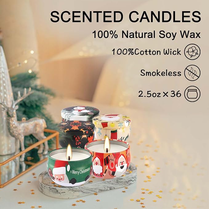 36Pack Christmas Scented Candles Sets,Long Burning,2.5oz Natural Soy Wax with Essential Oils Decorative Aromatherapy Candles for Christmas，Thanksgiving Gift, Home Scented