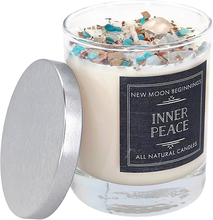 Inner Peace Candle by New Moon Beginnings - Dried Flower, Herb, & Crystal Candles - Soy Candle - All Natural Aromatherapy Candle - 7.75 oz Glass Jar