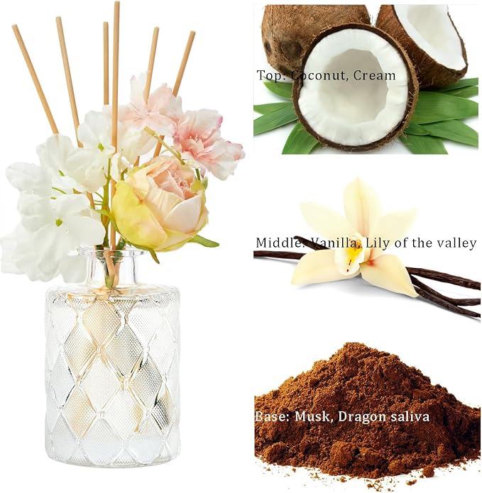 Creamy Vanilla Reéd Diffuser, Milky Coconut, 6.7 oz Flower Diffuser with Sticks, Modern Farmhouse Decor, Bathroom & Office Decor, Room Freshener