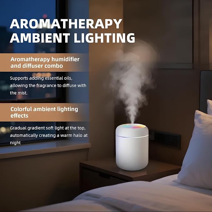 2 in 1 USB Electric Aromatherapy Oil Diffuser Ultrasonic Air Humidifier Mist Maker with Colorful Light for Home Office and Car (White)