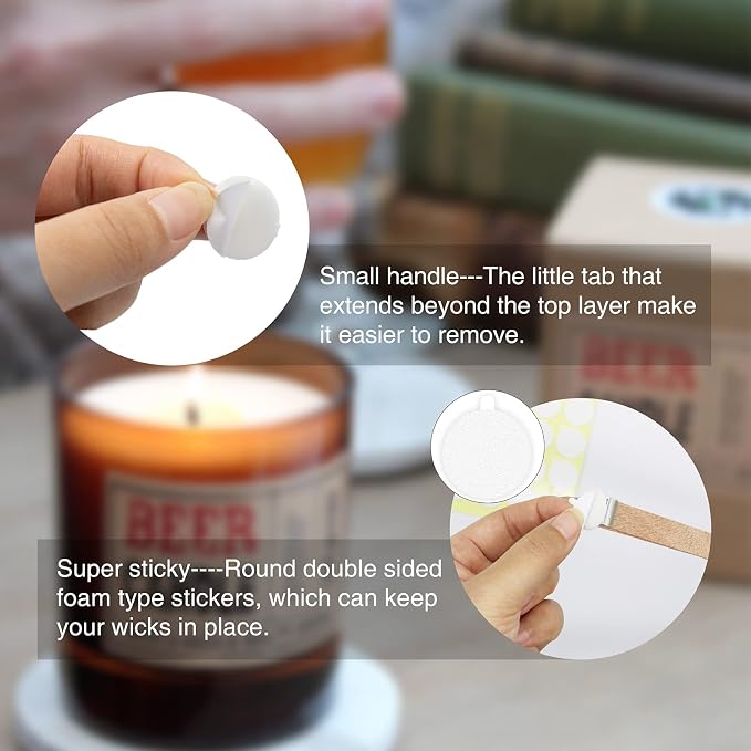 960Pcs Candle Making Wick Stickers, Heat Resistance Double-Sided Wick Stickers with The Little Tail, Adhere Steady in Hot Wax Stickers for Candle Making