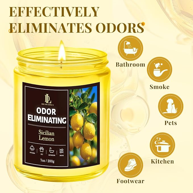 Sicilian Lemon Odor Eliminating Highly Fragranced Candle, Eliminates 95% of Kitchen Grease & Pet Odors Quickly, Air Freshing Scented Candles, Soy Candle Gifts for Women Men, 7oz
