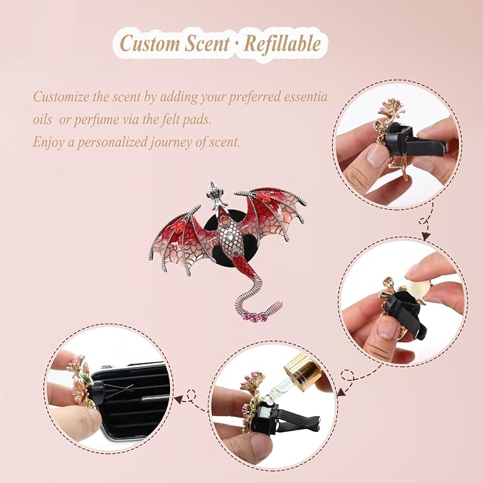 ORIESSE Dragon Car Decor,1pc Bling Red Dragon Car Air Freshener Vent Clips,Cute Alloy Enamel Wyvern Dragon Goth Vent Clips Dashboard Decorations,Refillable Essential Oil Diffuser