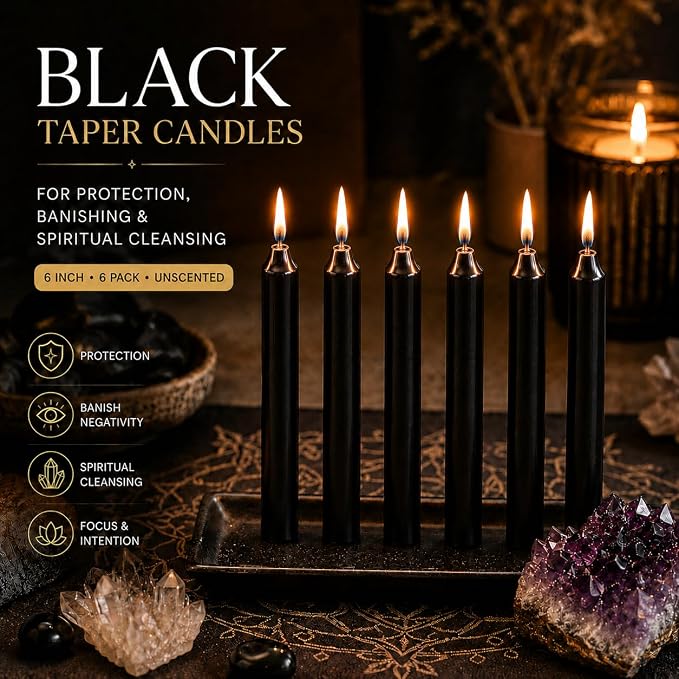Black 6 Inch Taper Candles, 6 Pack – Unscented Ritual Candles for Protection, Cleansing, Wicca, Santeria, Altar, Meditation & Spiritual Use